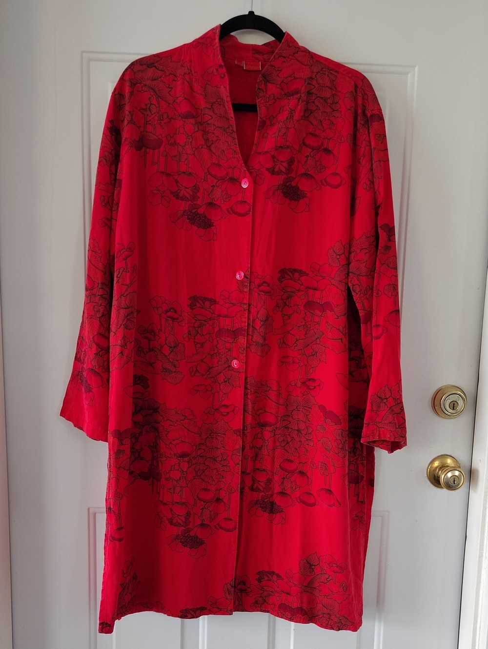 Tianello Red Black Floral Button-Front Blouse Duster VTG